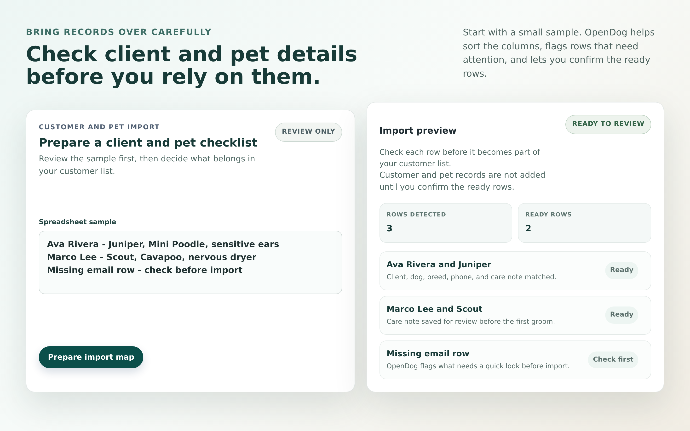 OpenDog setup assistant import preview showing synthetic client and pet rows ready to review before they are added.