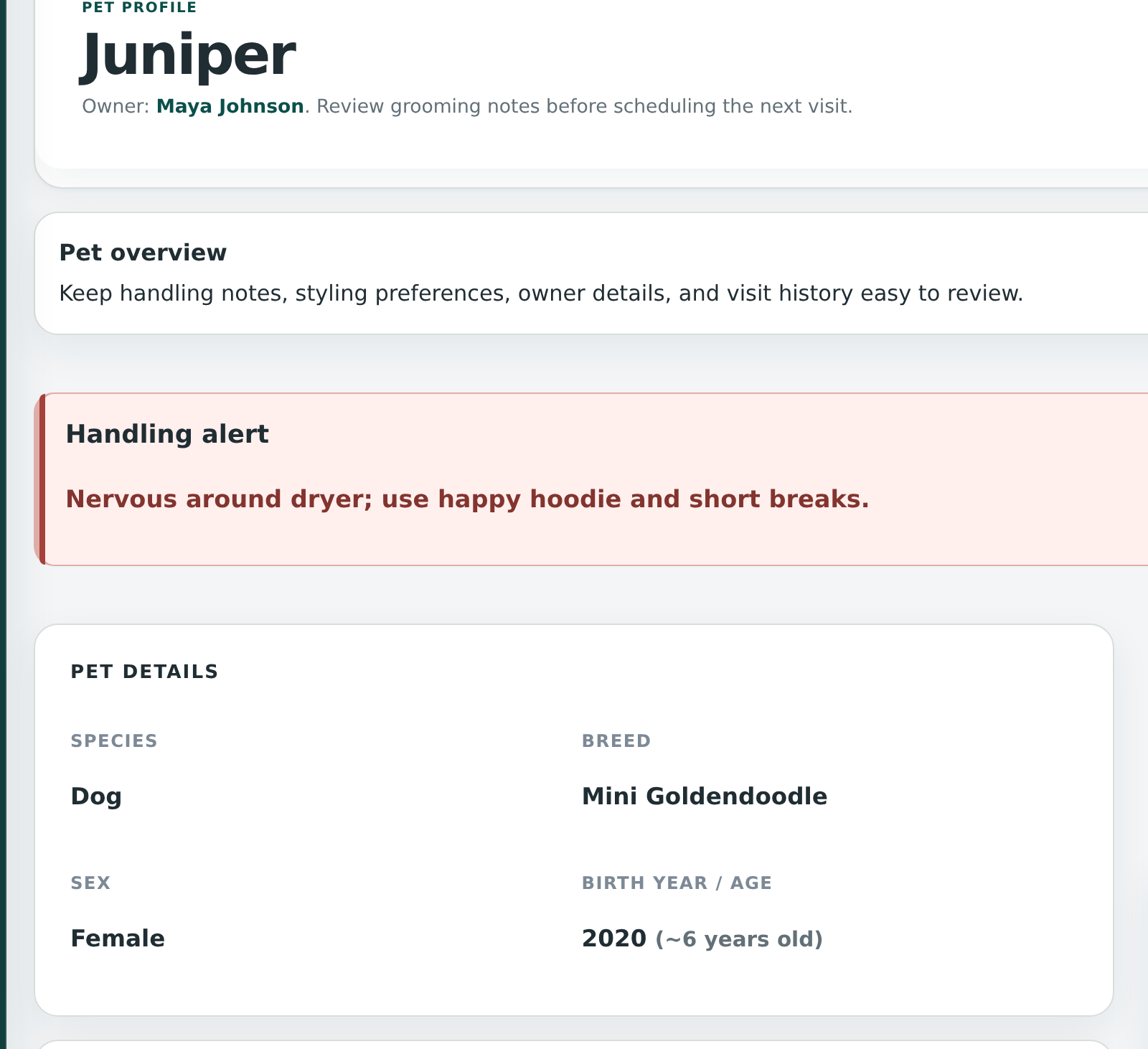 OpenDog dog profile using sample data, showing the owner, breed, care context, handling alert, and grooming history.