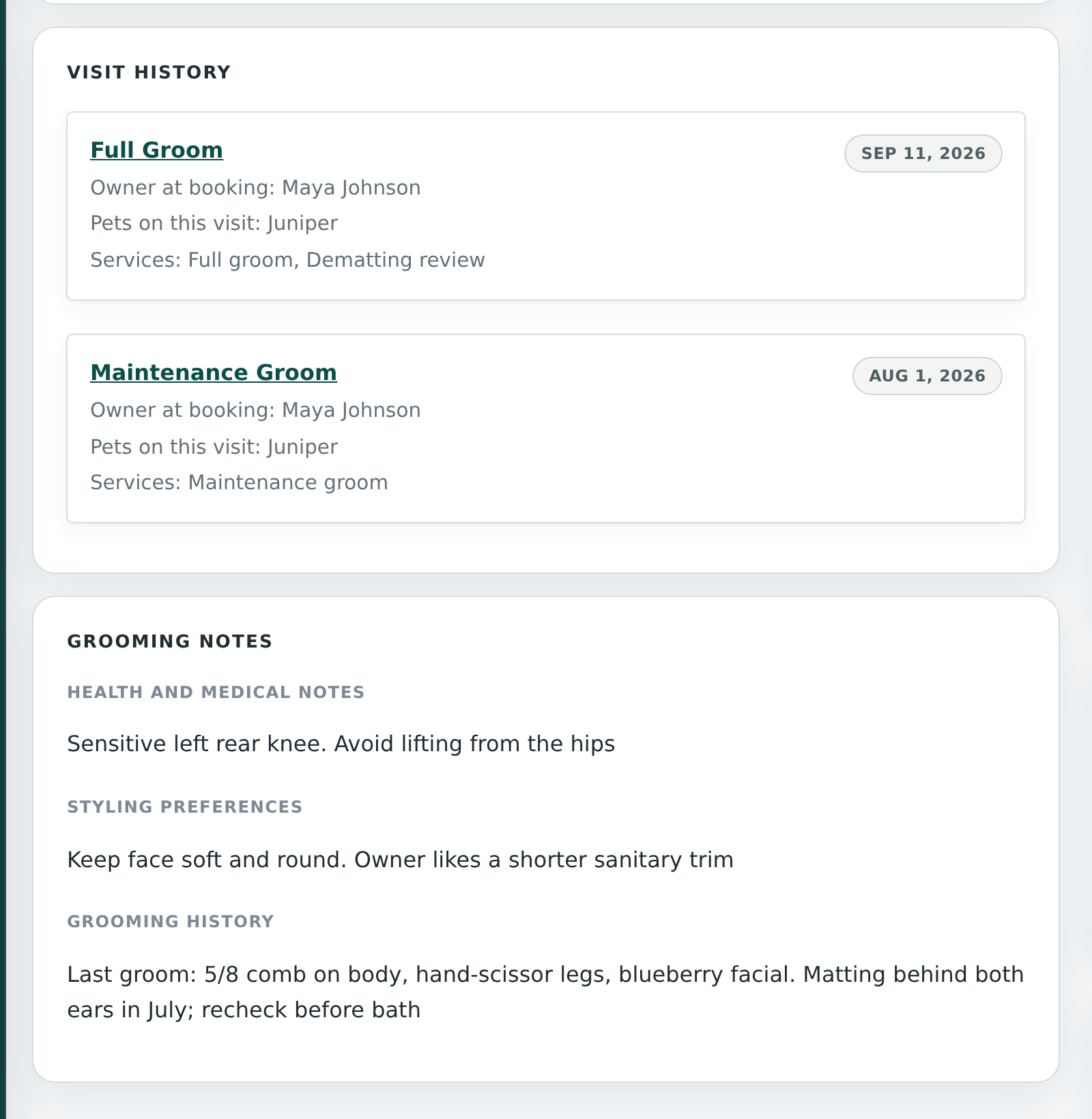 OpenDog pet record for a synthetic dog showing visit history, care notes, and grooming preferences.