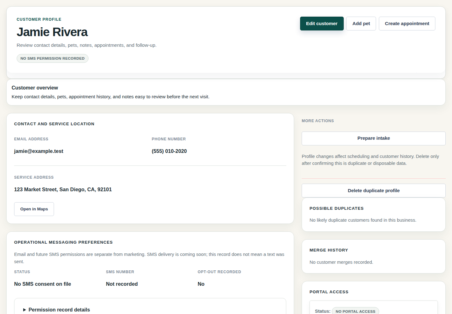 OpenDog customer profile showing contact details, service address, pet notes, and appointment history.