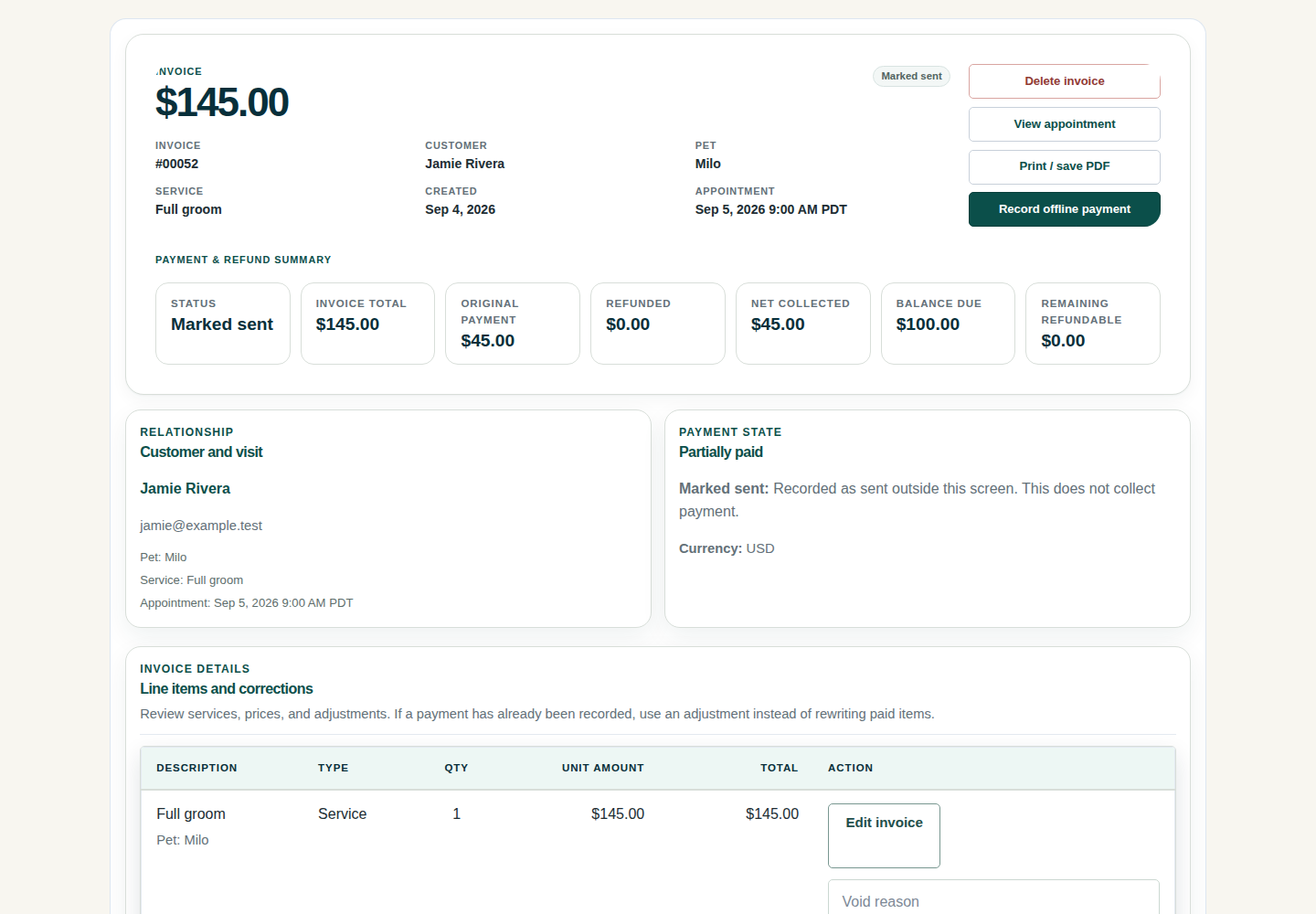 OpenDog invoice screen showing invoice total, payment progress, receipts, balance due, and customer visit details.