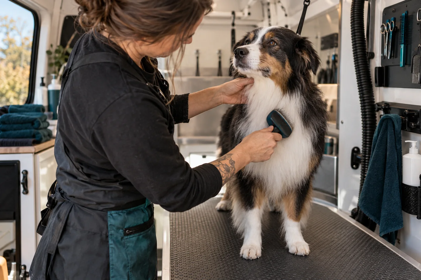 Illustrative photograph of a professional groomer carefully brushing a dog in a mobile grooming van.