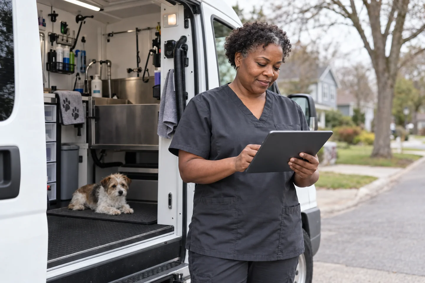 Illustrative photograph of an experienced mobile groomer sending a support question from a tablet beside an open grooming van.