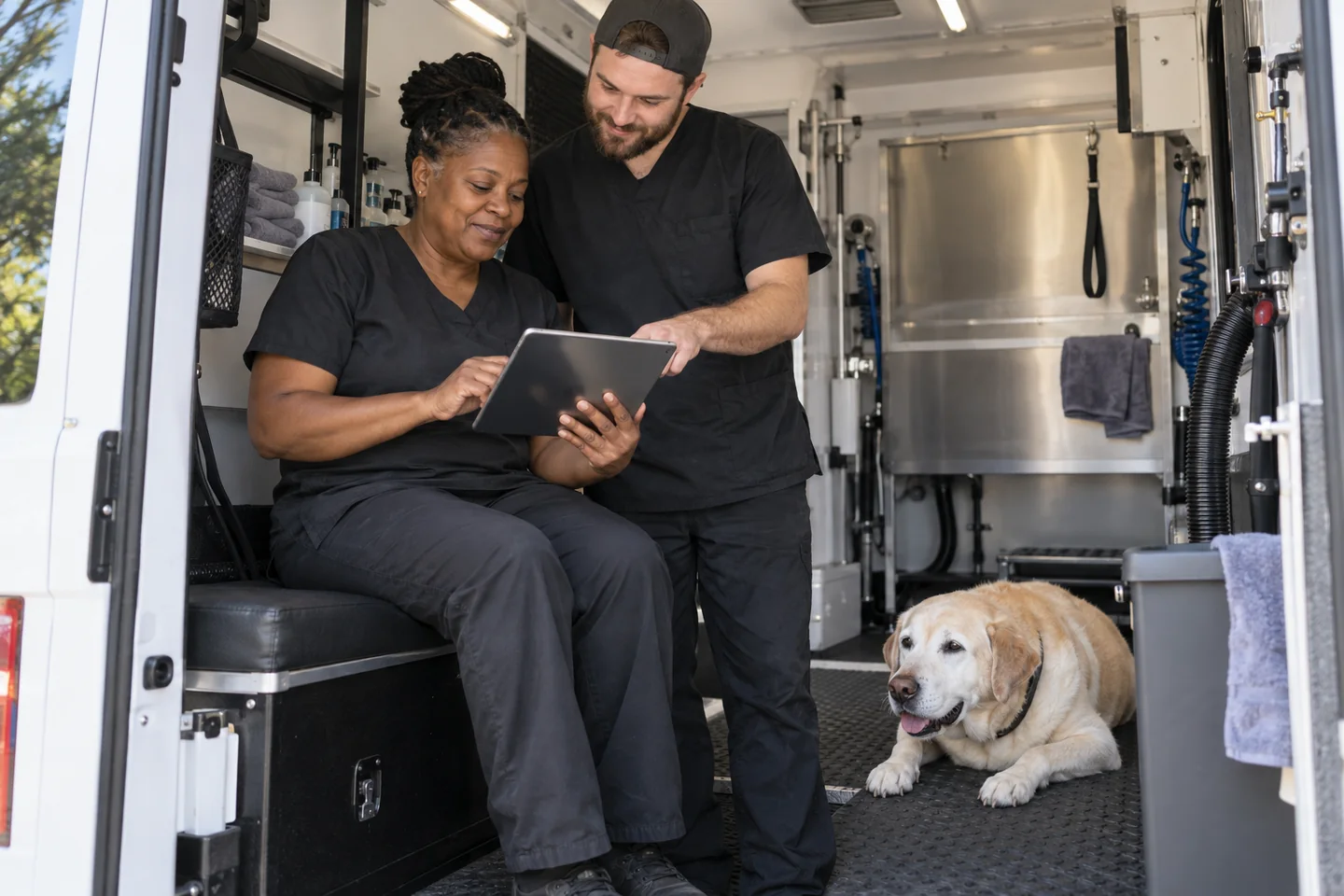 Illustrative photograph of two grooming professionals reviewing a product demo on a tablet while a dog rests safely on the van floor.