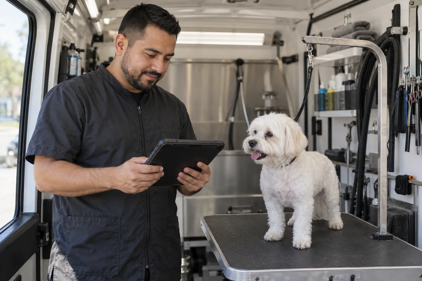 Illustrative photograph of a mobile groomer reviewing work details on a tablet beside a dog in a grooming van.
