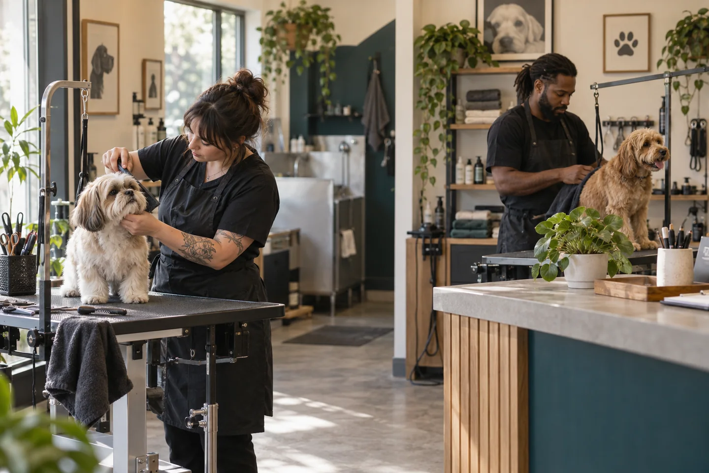Illustrative photograph of two professional groomers working with dogs in an independent salon.