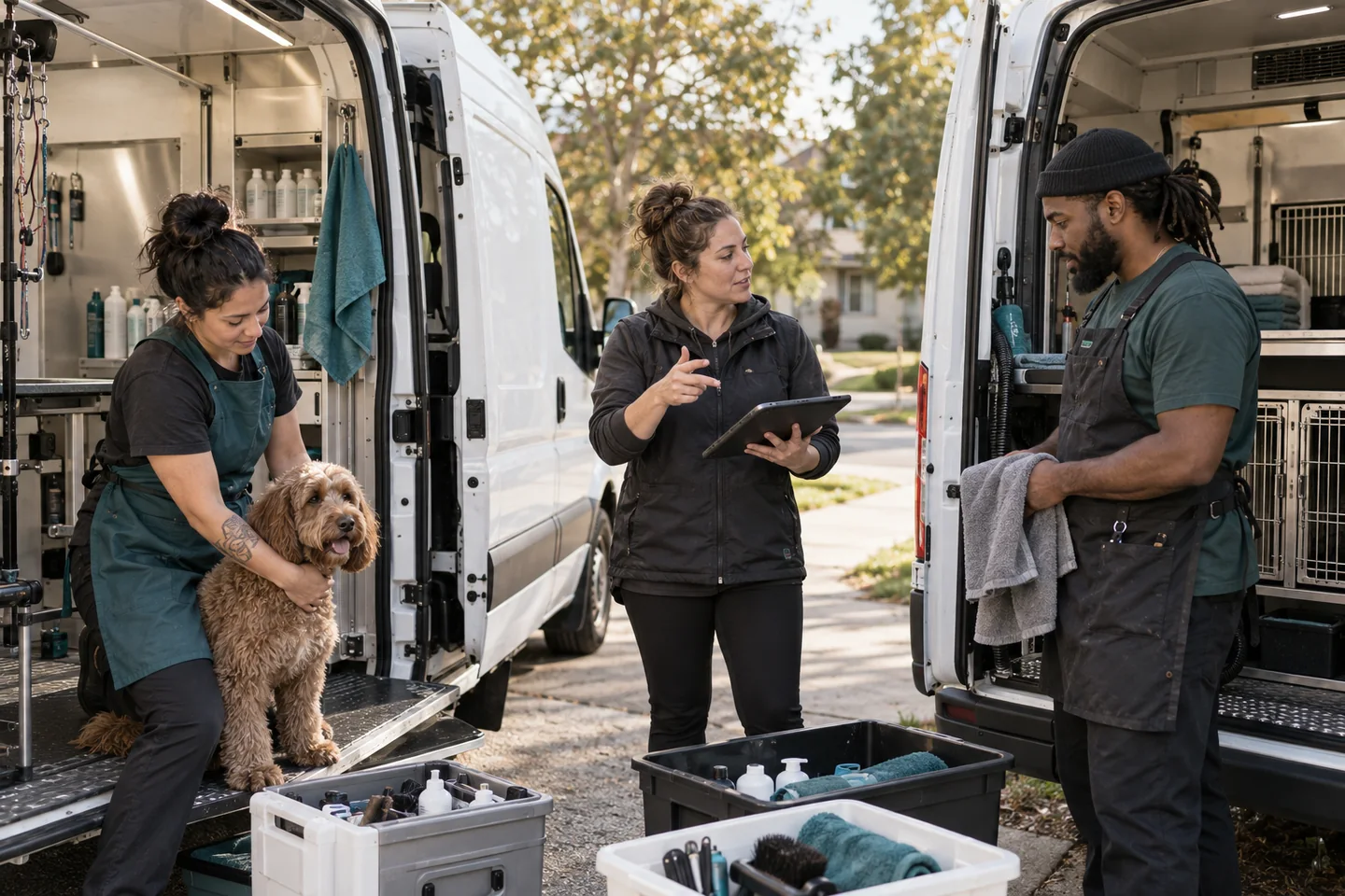 Illustrative photograph of a growing grooming team coordinating work between two vans.