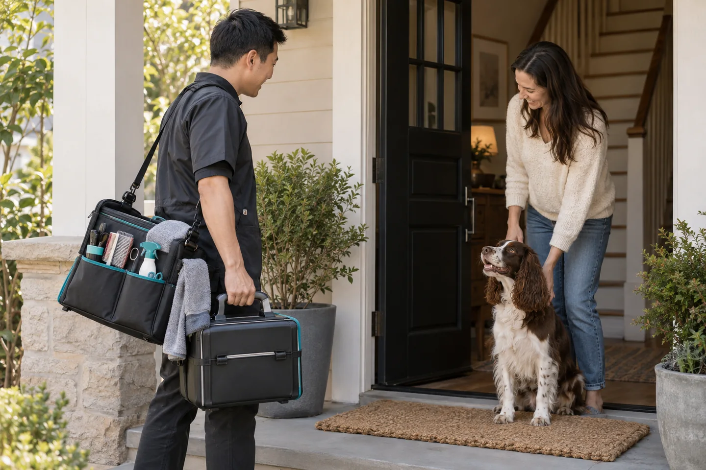 Illustrative photograph of a house-call groomer arriving with a compact grooming kit.