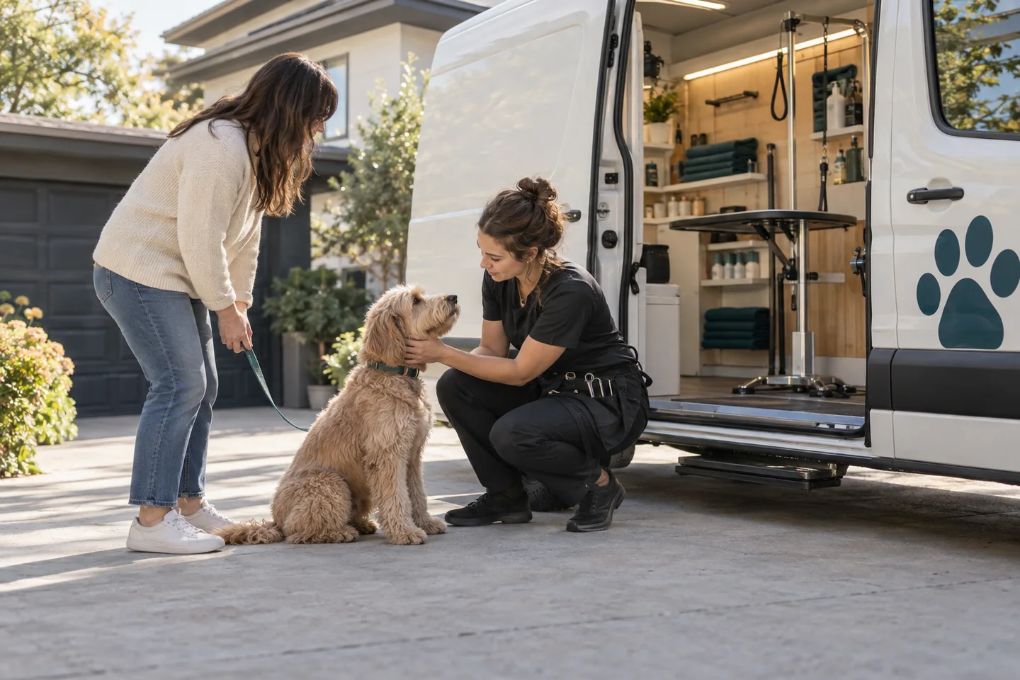 Illustrative photograph of a mobile groomer greeting a dog and owner beside a grooming van.