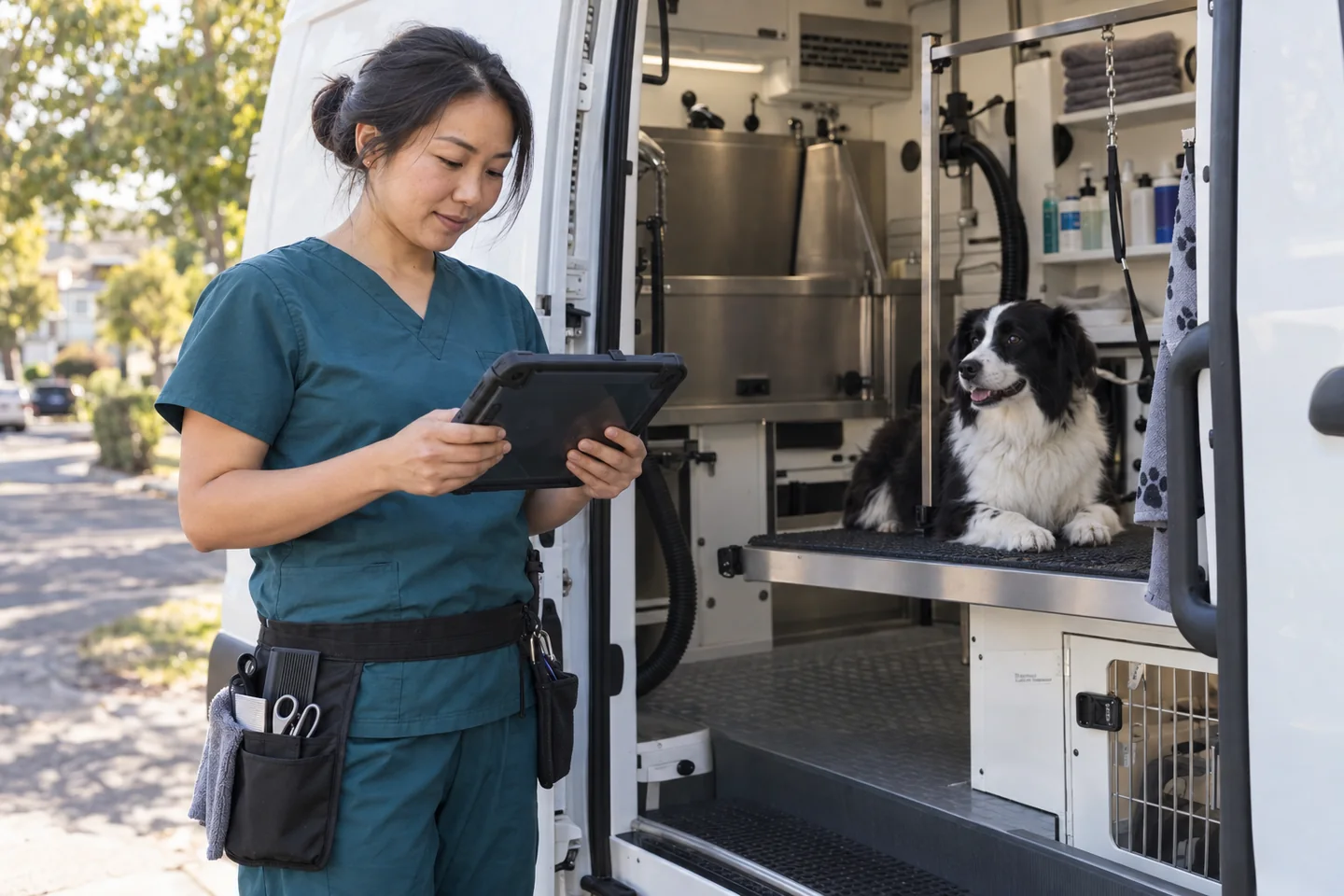 Illustrative photograph of a mobile groomer checking the next stop on a rugged tablet beside an open grooming van.