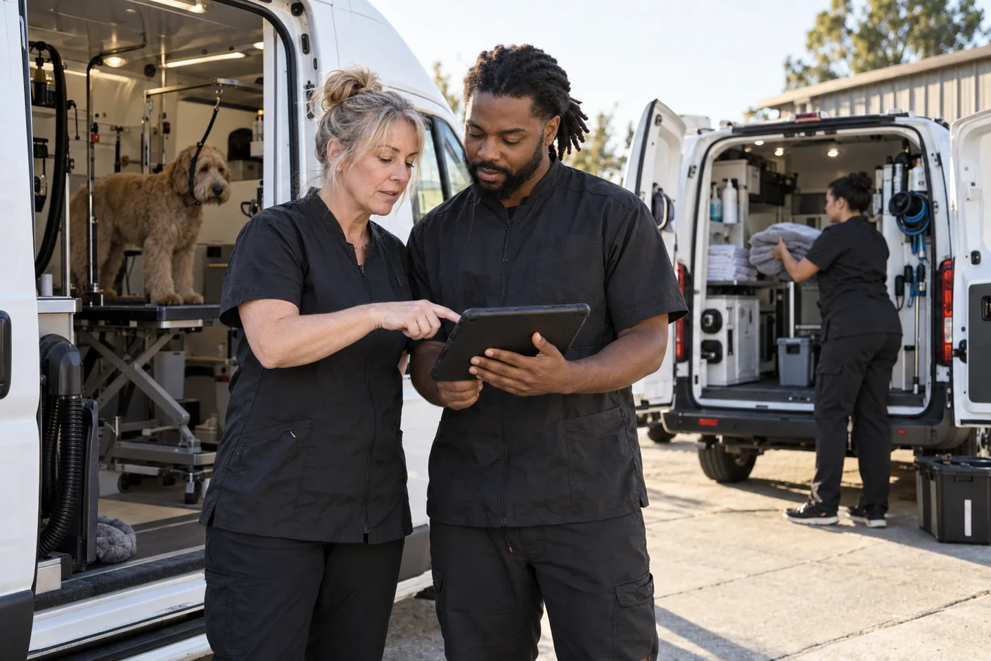 Illustrative photograph of a three-person grooming team coordinating two mobile grooming vans with a tablet.