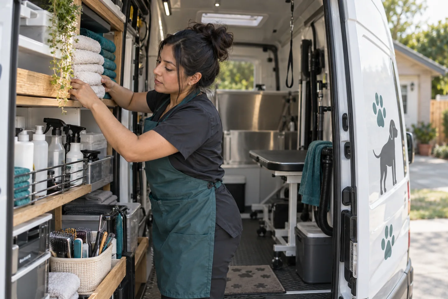 Illustrative photograph of a new grooming-business owner organizing a mobile grooming van.