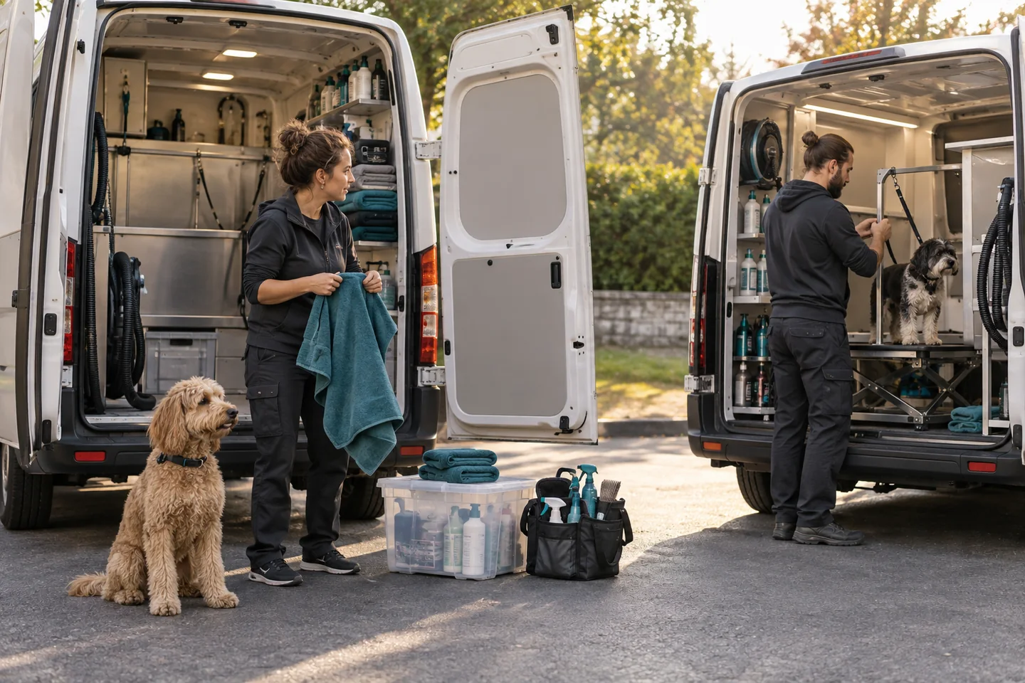 Illustrative photograph of a small mobile grooming team preparing two vans for the day.