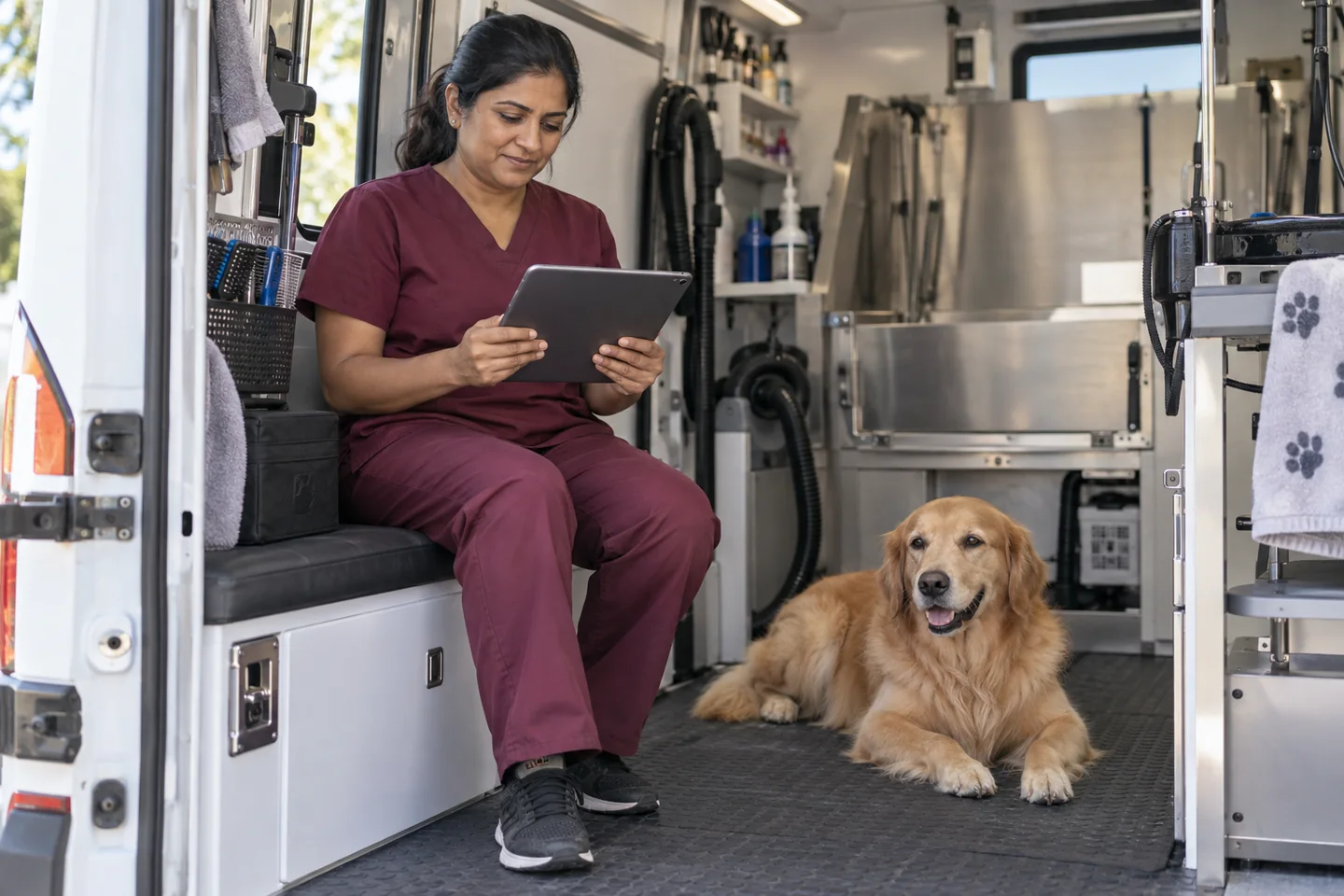 Illustrative photograph of a mobile groomer reviewing the workday on a tablet while a dog rests safely on the van floor.
