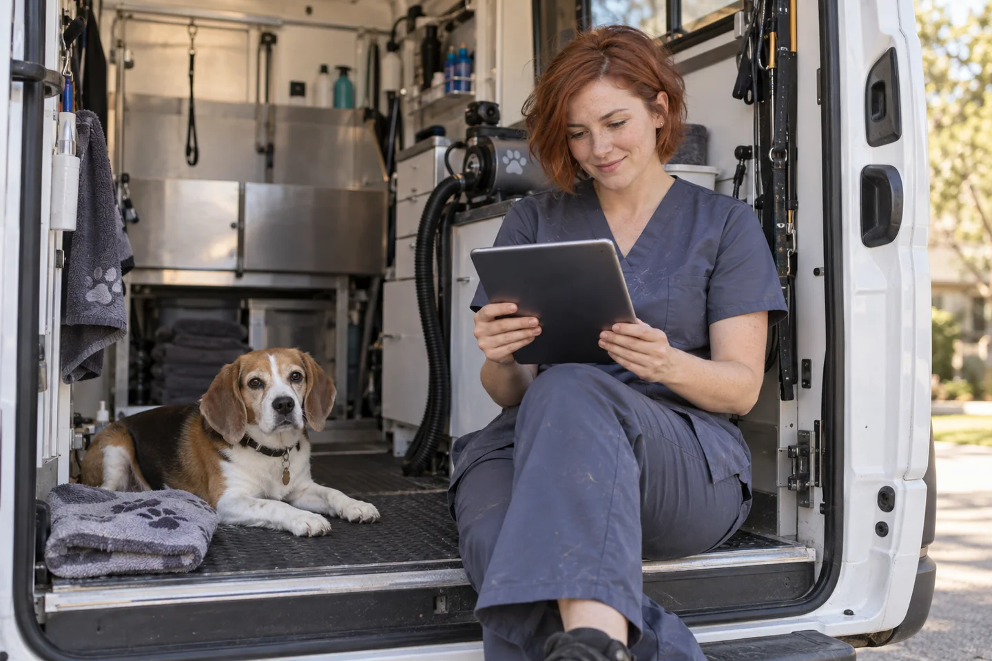 Illustrative photograph of a mobile groomer taking a self-guided product tour on a tablet while a dog rests safely nearby.