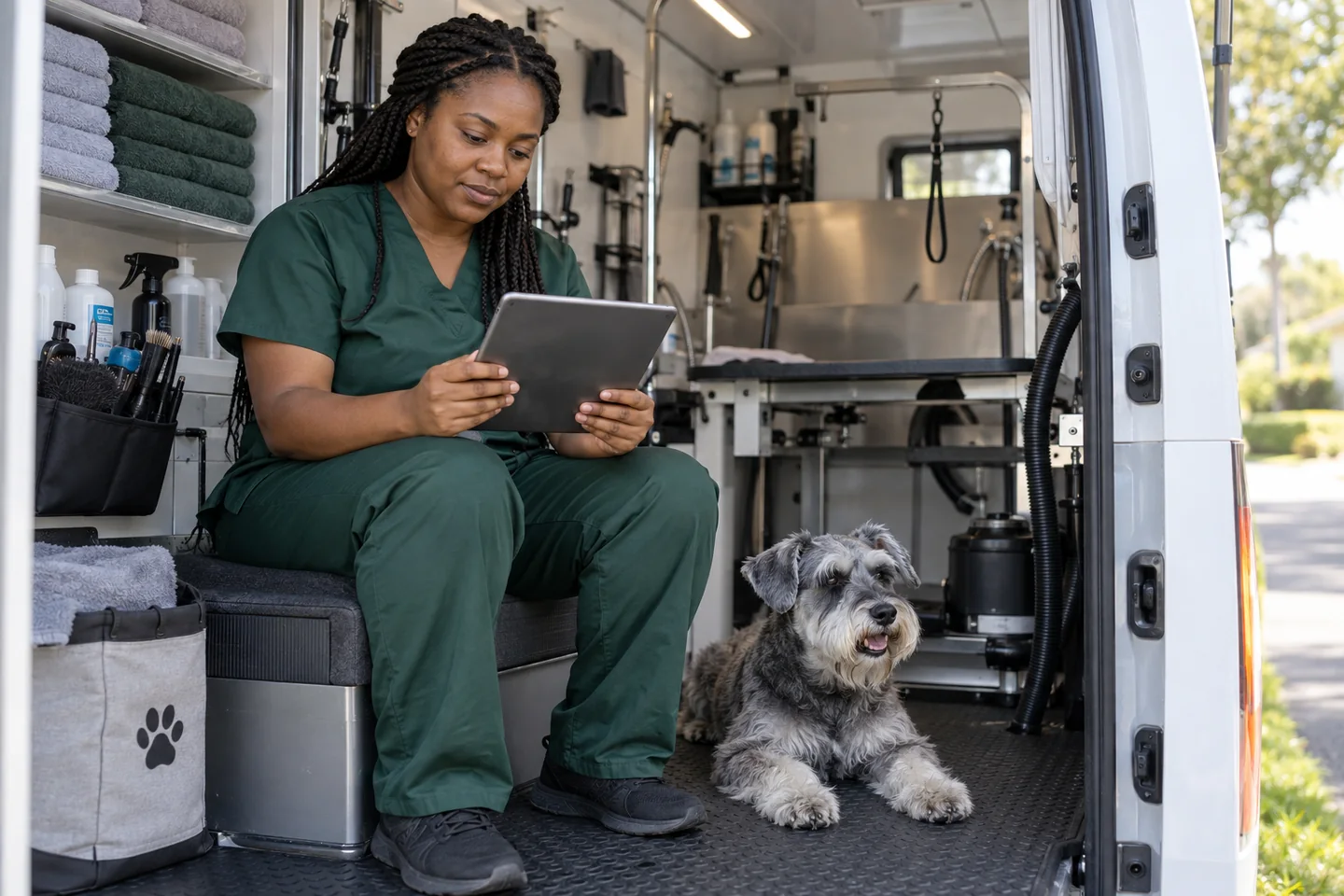Illustrative photograph of a mobile groomer using a tablet to plan routes and business tasks in a working van.