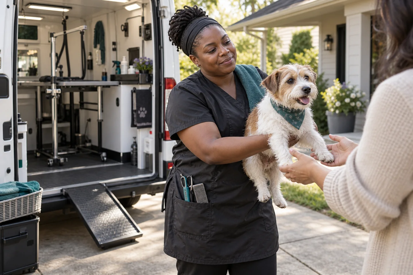 Illustrative photograph of a solo mobile groomer returning a freshly groomed dog to its owner.