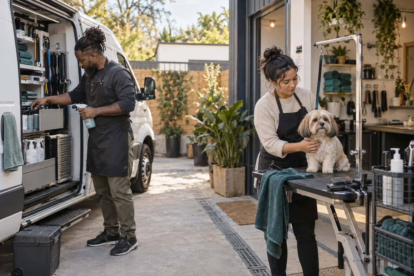 Illustrative photograph of two groomers working across a mobile van and grooming workspace.