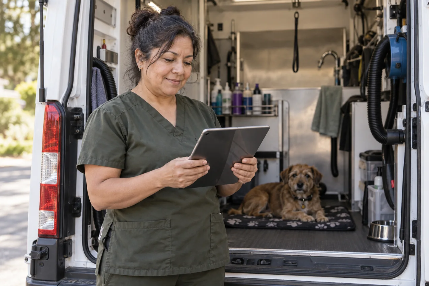 Illustrative photograph of an independent groomer setting up a new mobile grooming business on a tablet.