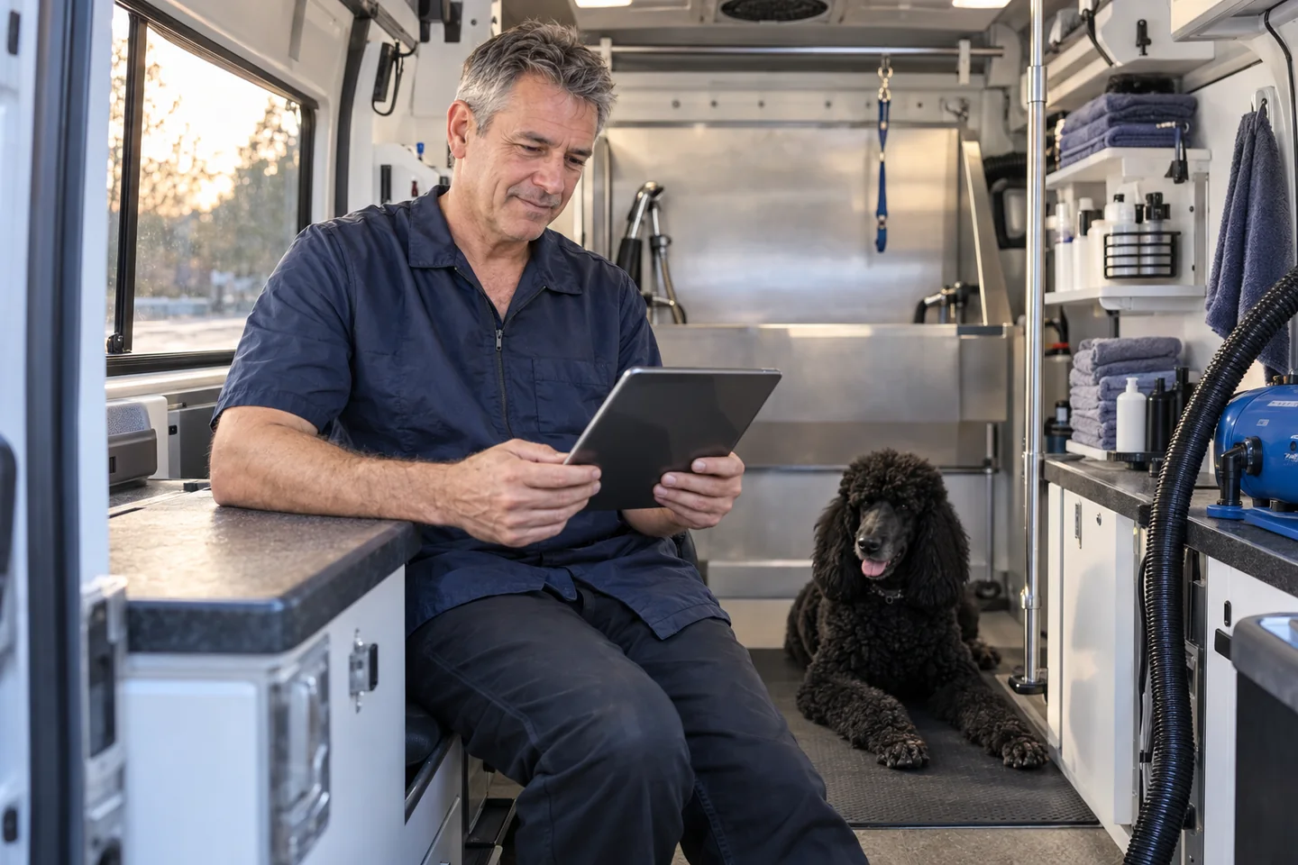 Illustrative photograph of an experienced groomer reviewing imported business records on a tablet before changing software.