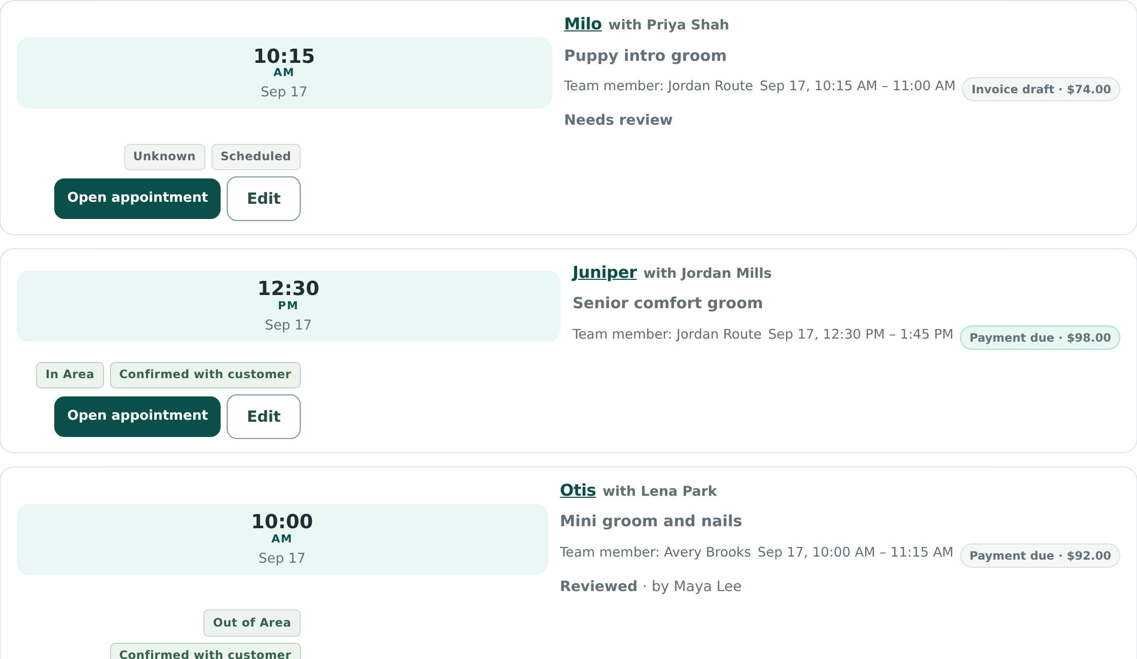 OpenDog appointments view showing a synthetic multi-van visit that needs review with pet, client, assigned groomer, service, appointment time, invoice status, service-area state, and appointment actions.