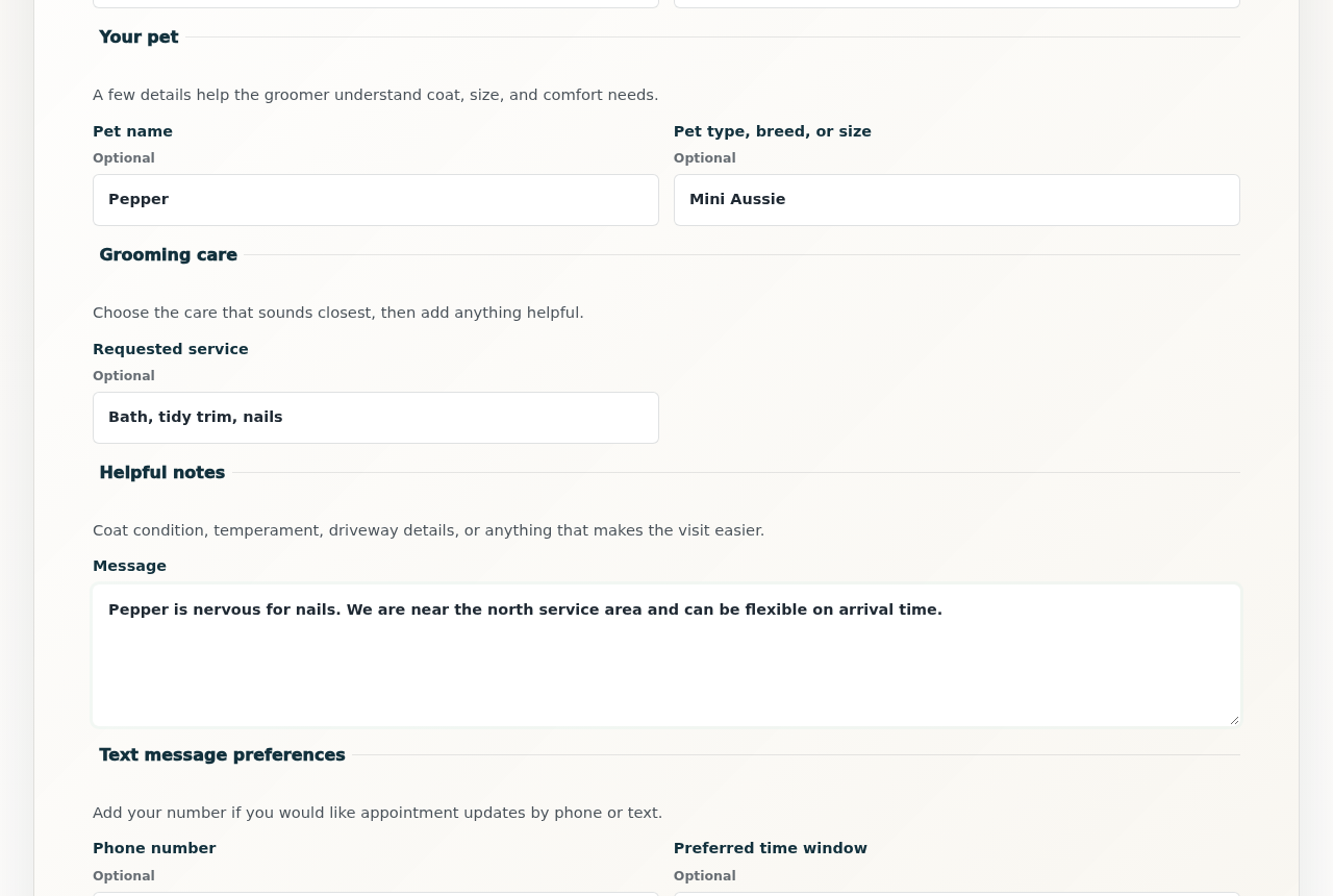 OpenDog demo request form with synthetic client, dog, service, notes, phone, and preferred timing details.