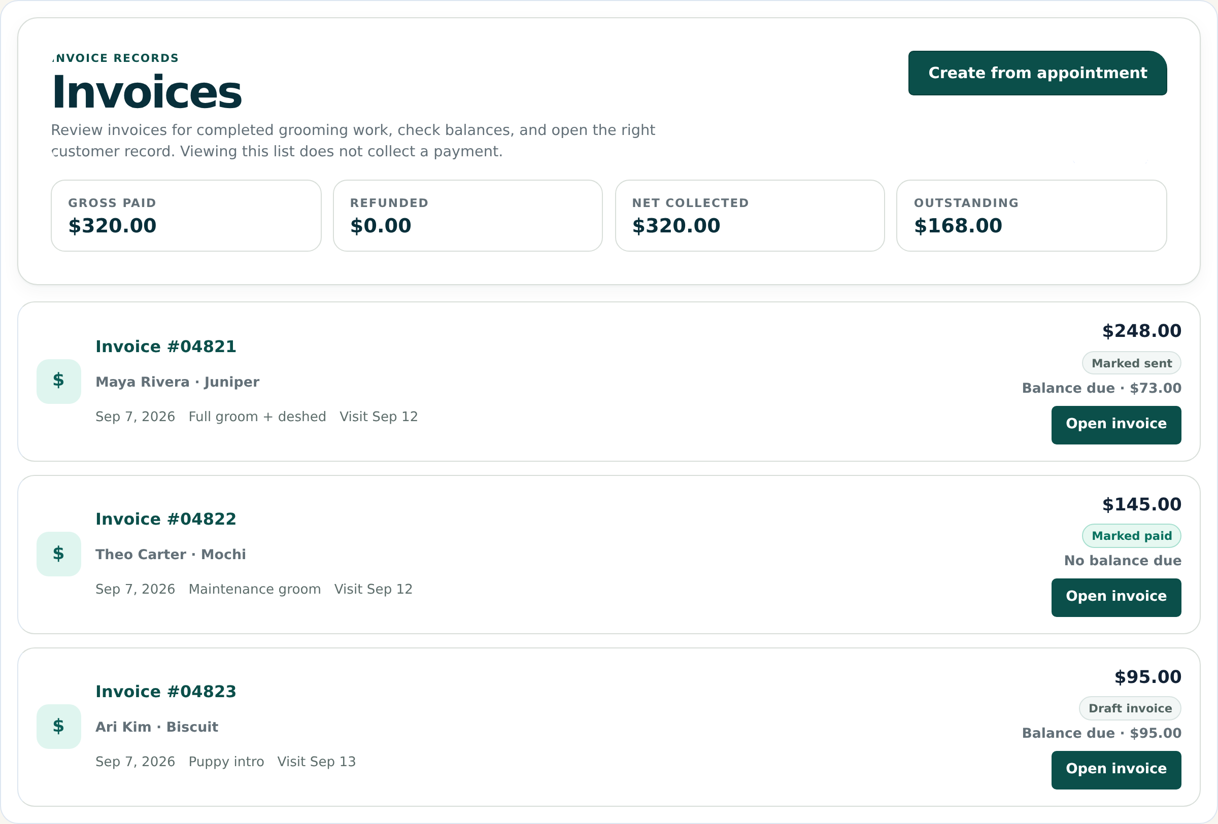 OpenDog invoice list showing grooming clients, invoice totals, payment status, and balances.