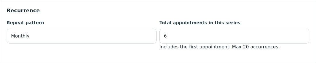 OpenDog appointment form with synthetic grooming data showing a monthly repeat pattern and six total appointments in the series.