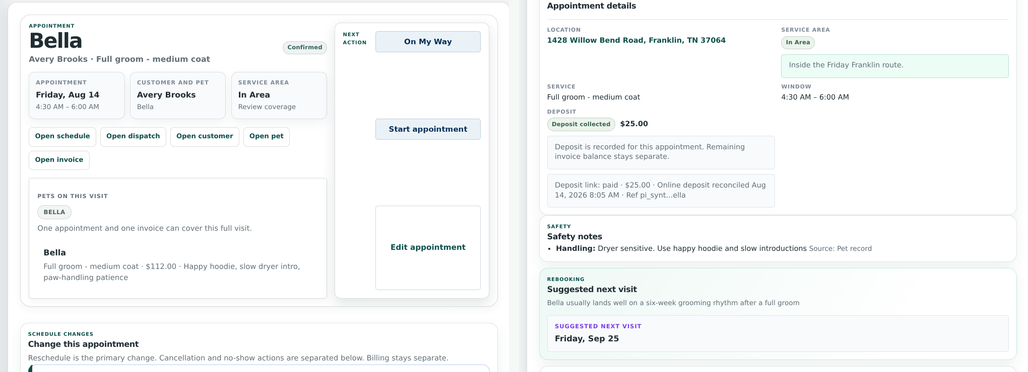 OpenDog appointment using sample data, showing the client, dog, service, address, route status, care notes, deposit, invoice, and suggested next visit.