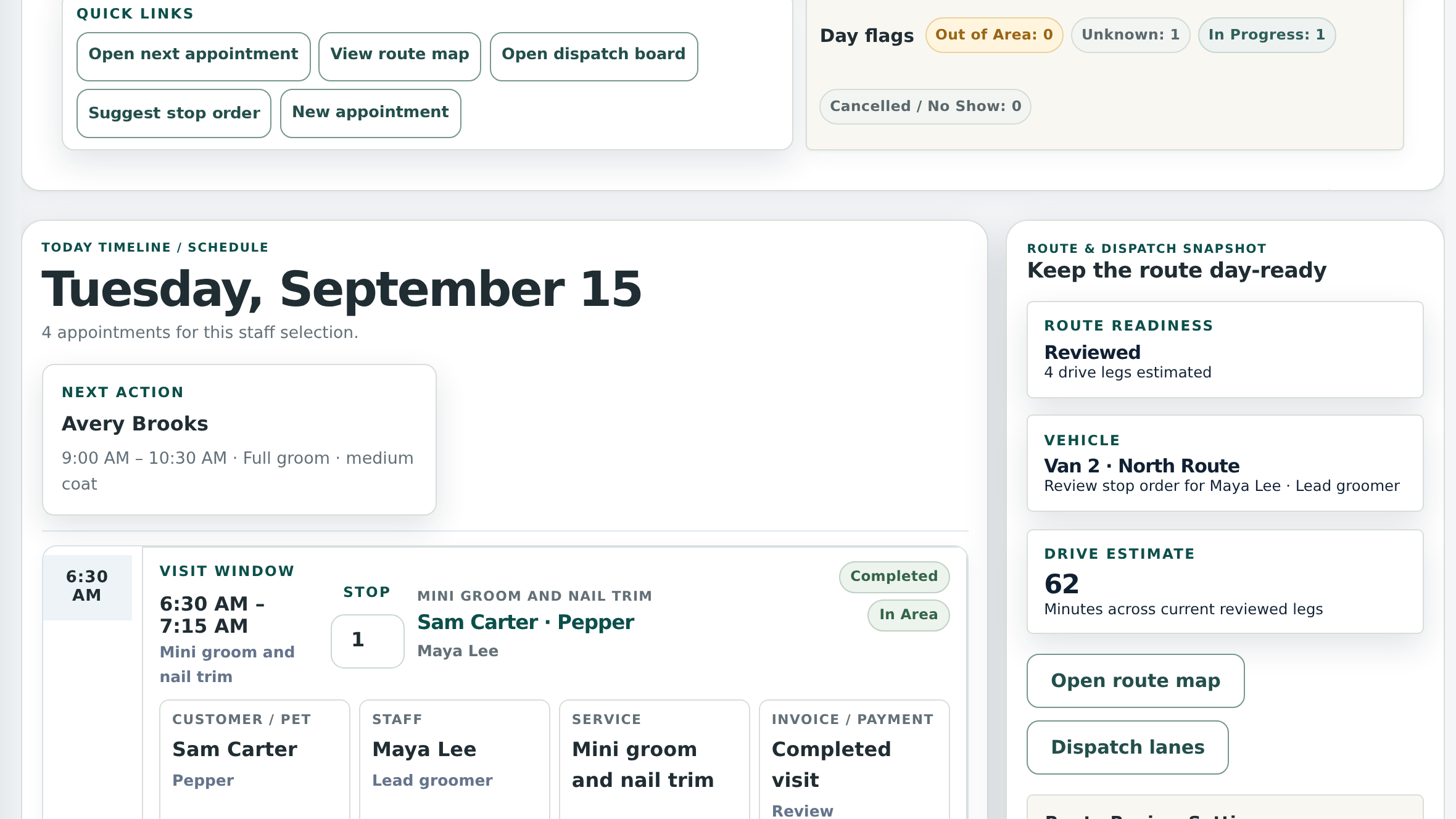OpenDog grooming day showing route readiness, vehicle, drive estimate, appointment, pet, service, and invoice status.