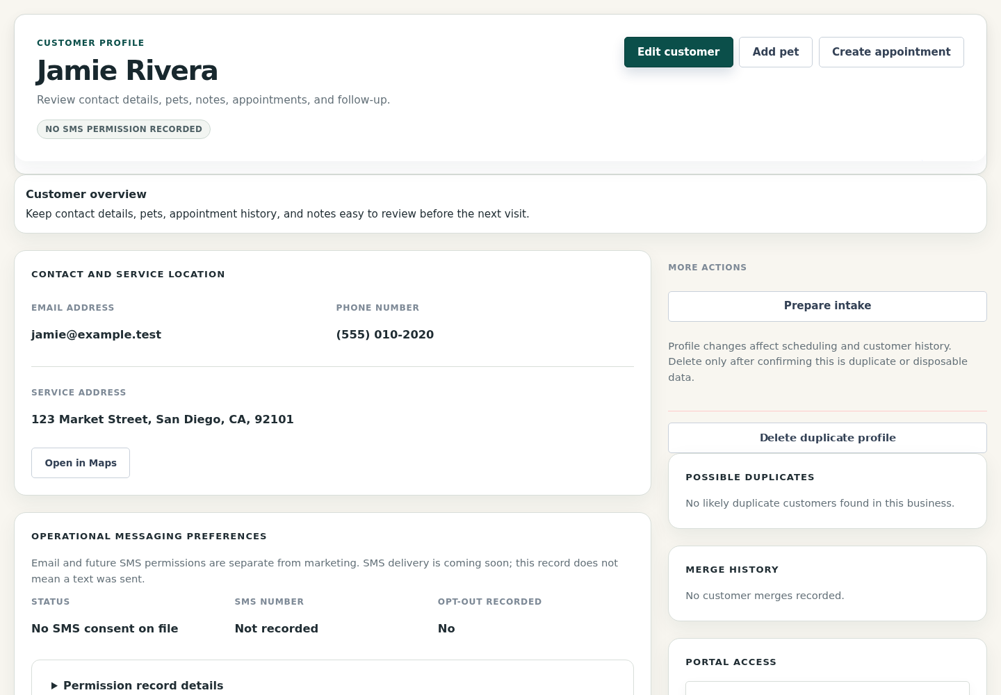 OpenDog customer profile showing contact details, service address, pet notes, and appointment history after setup.