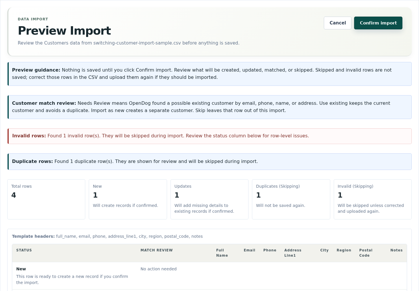 OpenDog import preview showing new client rows, possible matches, duplicates, and skipped rows before saving.