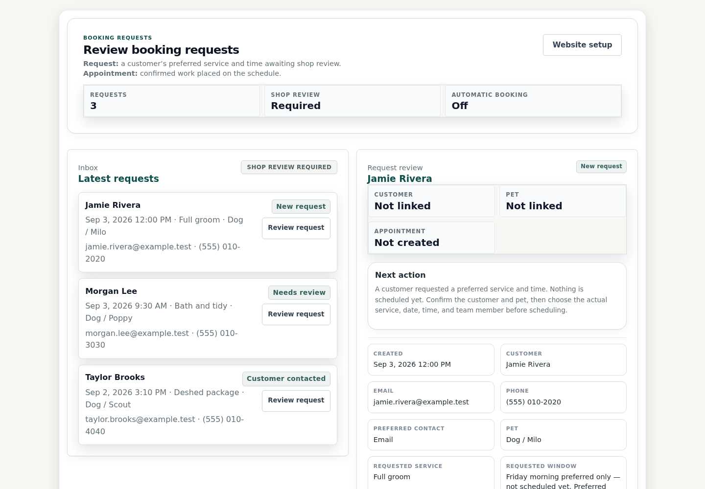 OpenDog booking request screen showing a customer request waiting for the business to confirm it.