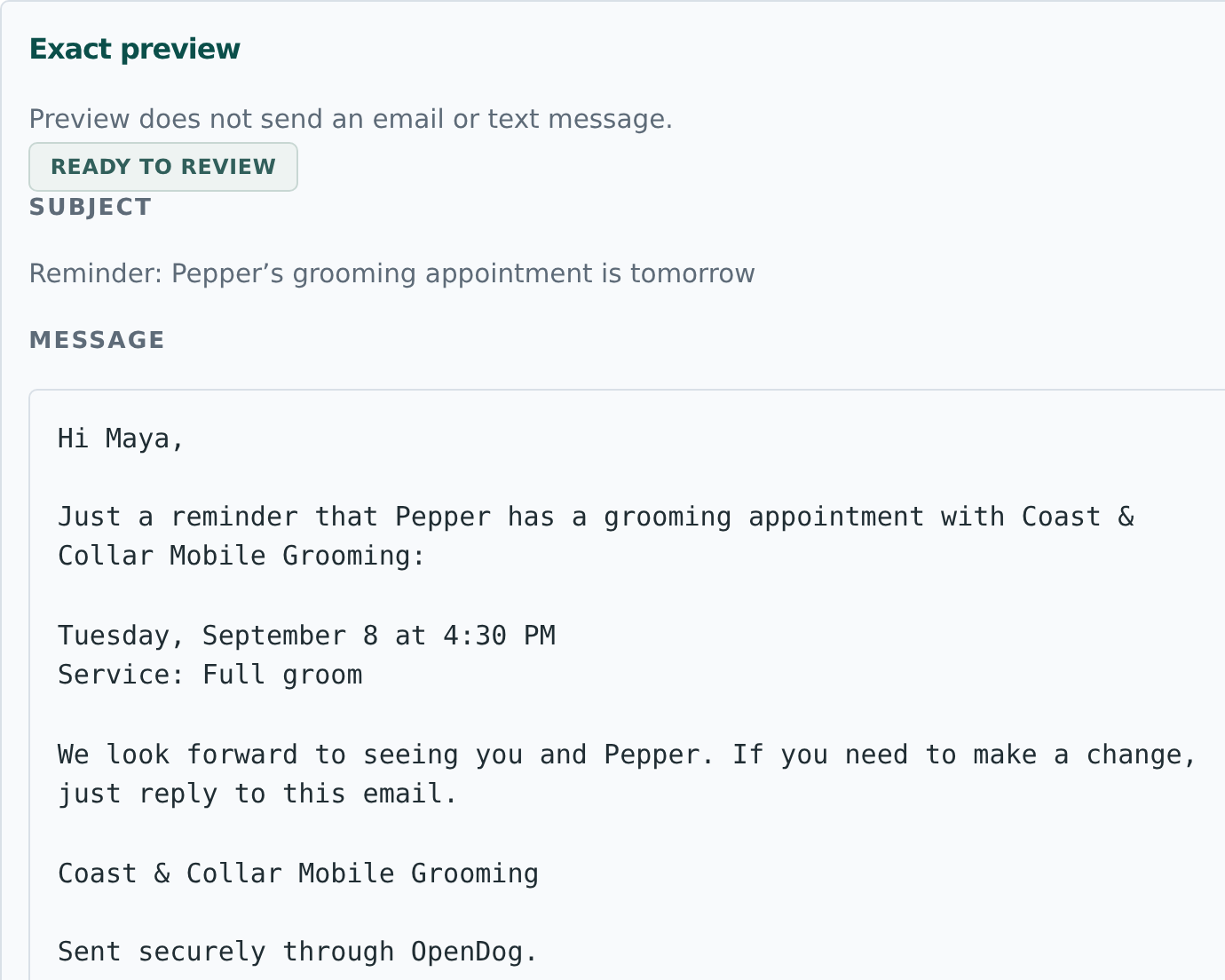 OpenDog email reminder preview showing a friendly message with the client, dog, grooming service, appointment date and time, and a clear reply path.