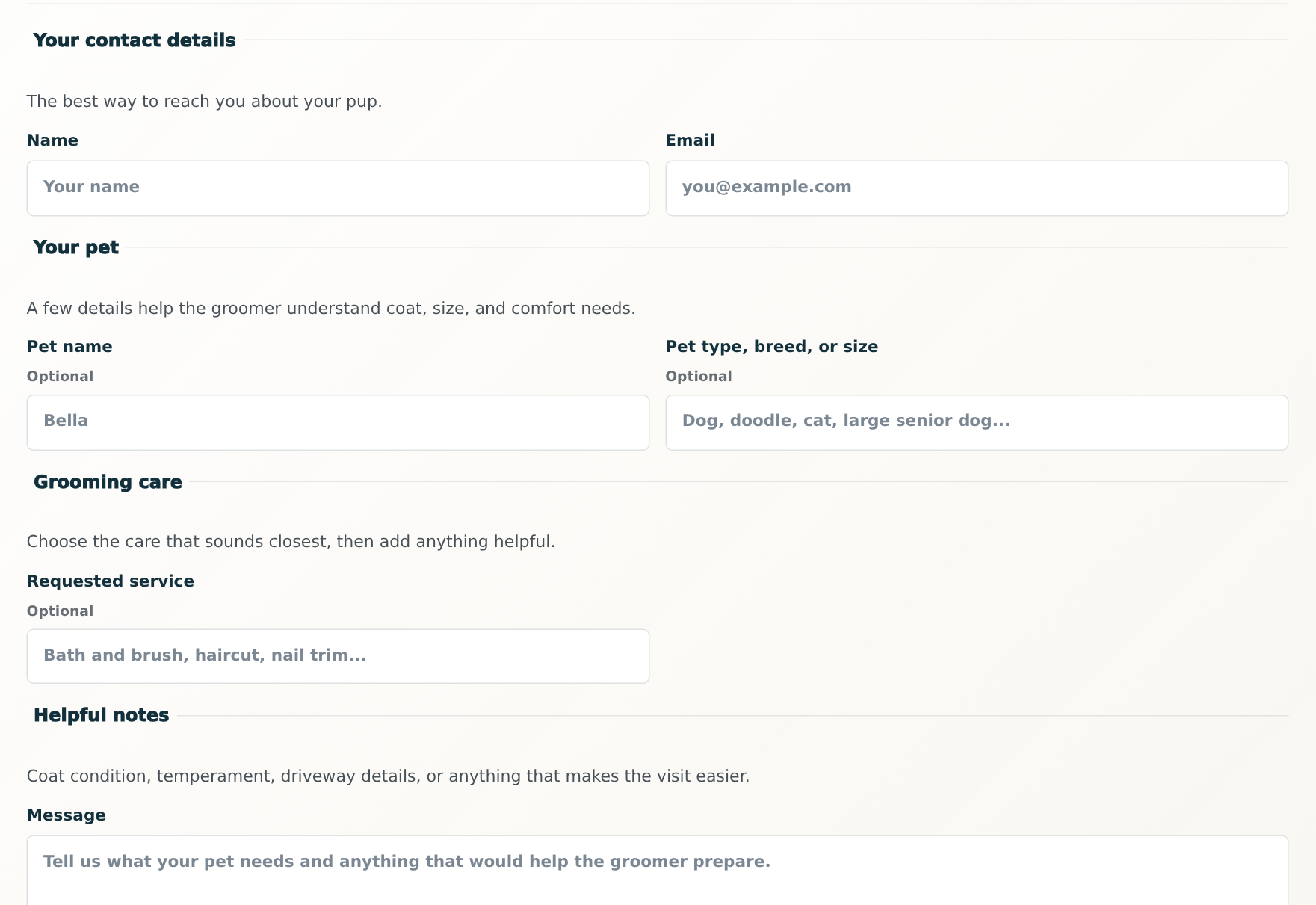 OpenDog hosted grooming website request form showing the contact, pet, service, and note details a client can send before an appointment is confirmed.
