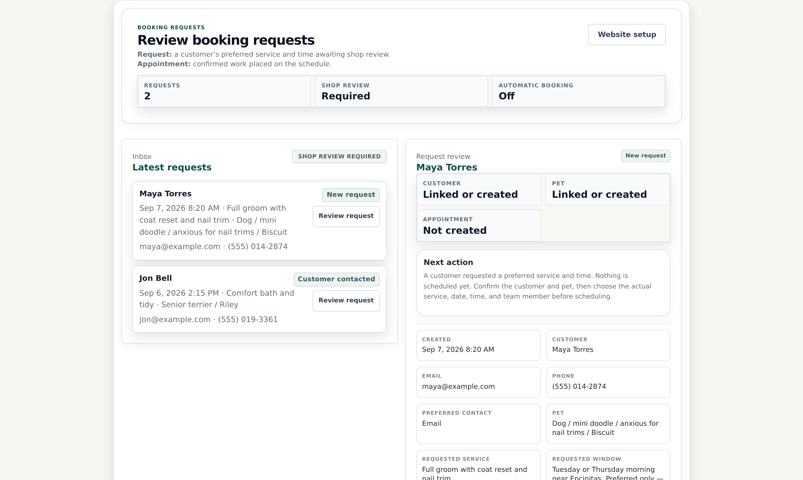 OpenDog booking request review screen showing a synthetic grooming request with linked customer and pet while the appointment is still not created.