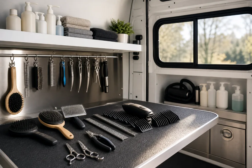 Clean grooming tools towels and coat care supplies