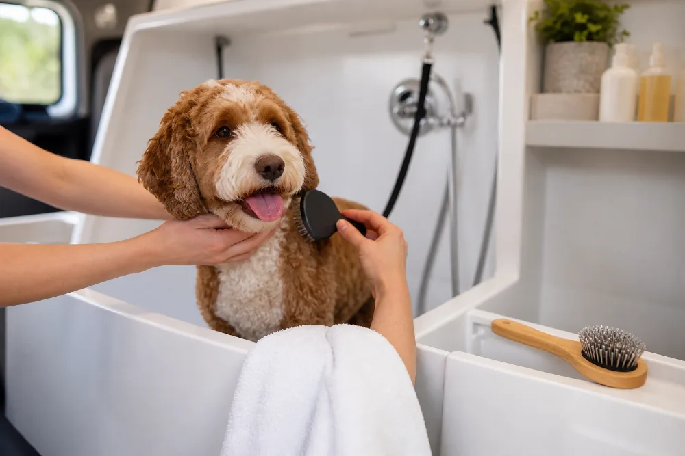Gentle bath and brush care inside a mobile grooming van